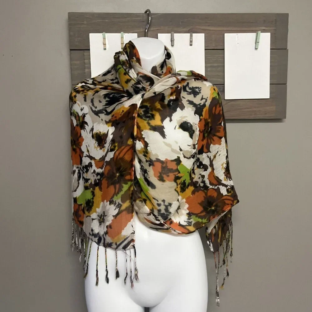 Unbranded Autumnal Floral Multicolored Lightweight Fashion Scarf Tassels